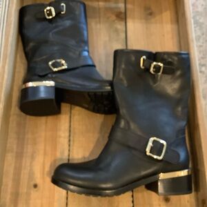 VINCE CAMUTO NWOT New Black Leather Heeled Motorcycle Gold Accent Boots size 7.5